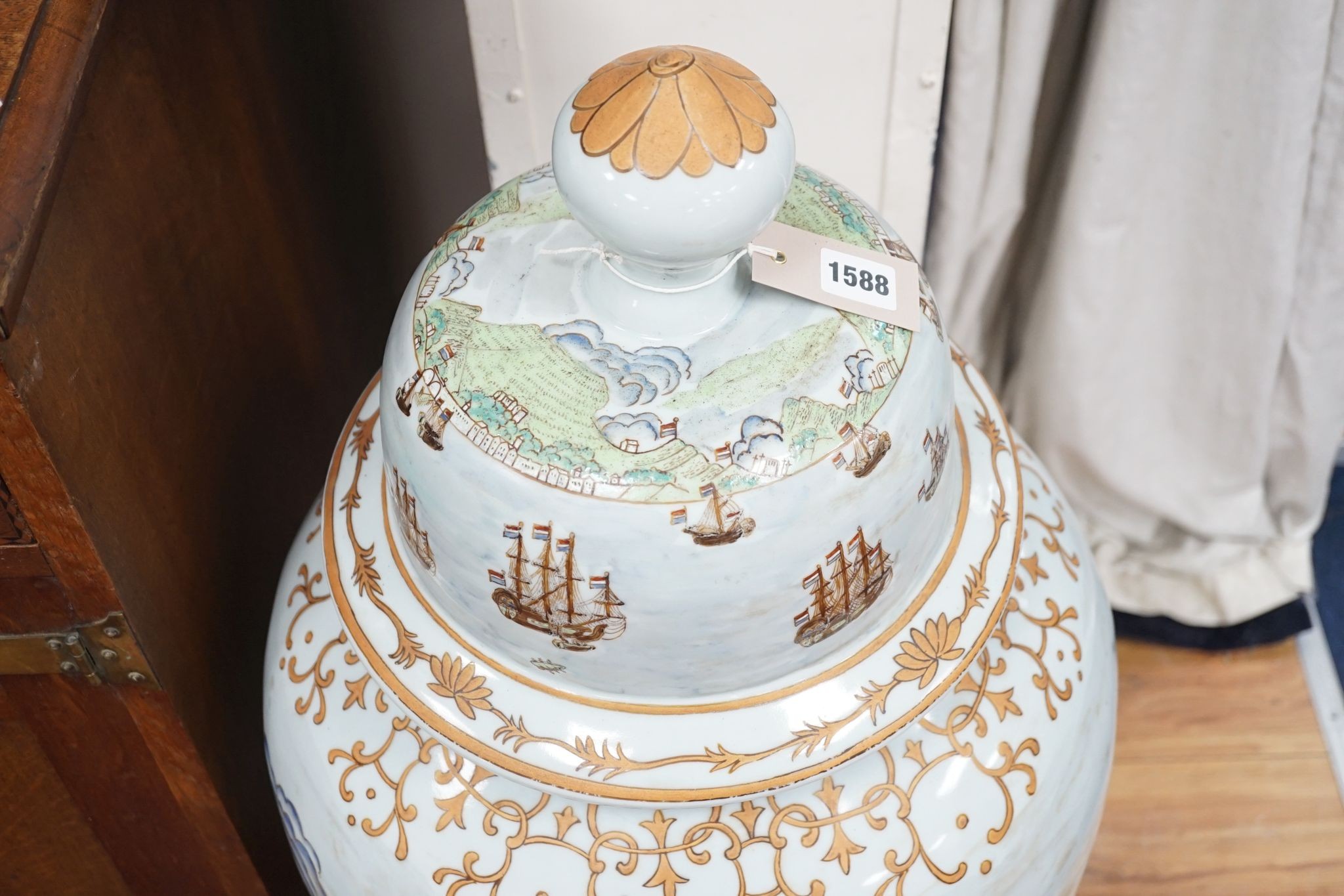 A large Chinese enamelled porcelain vase and cover on stand 100cm